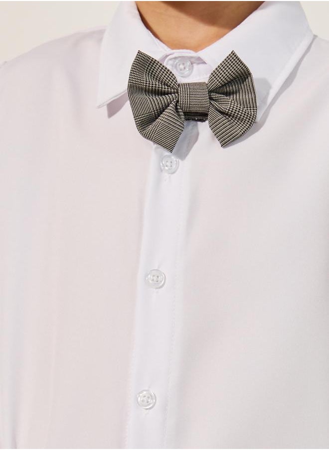 Solid Long Sleeves Shirt, Checked Waistcoat and Pants Set with Bow Tie