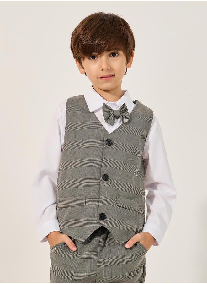 Solid Long Sleeves Shirt, Checked Waistcoat and Pants Set with Bow Tie