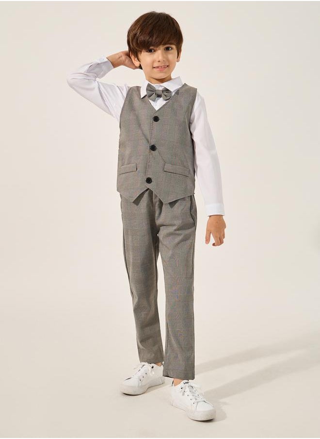 Solid Long Sleeves Shirt, Checked Waistcoat and Pants Set with Bow Tie