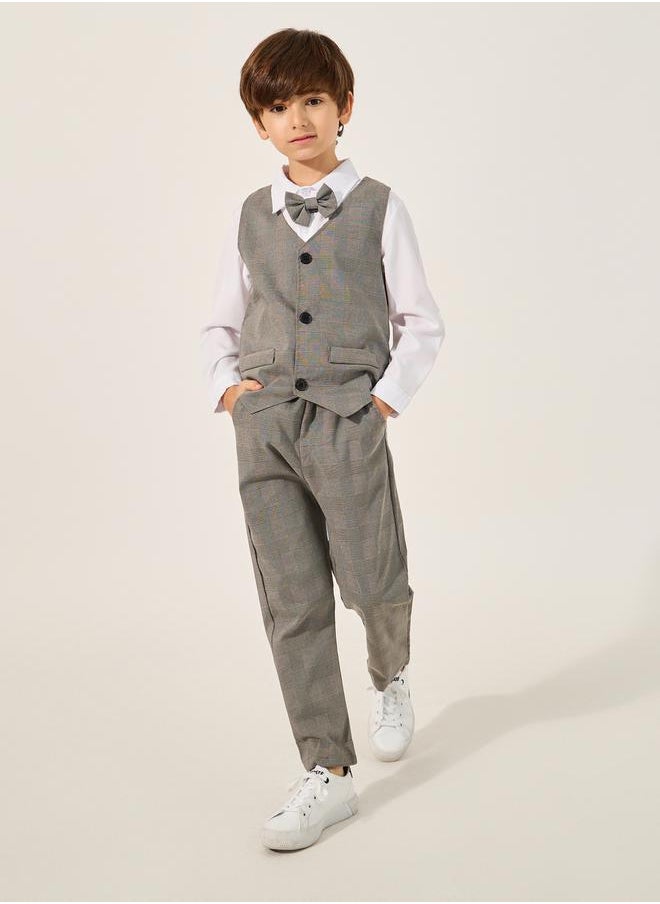 Solid Long Sleeves Shirt, Checked Waistcoat and Pants Set with Bow Tie