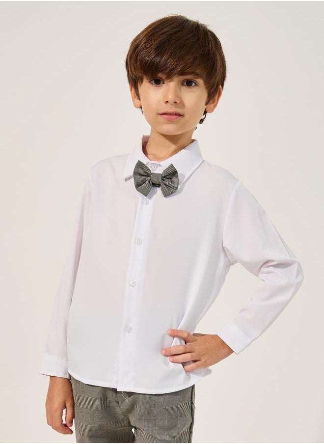 Solid Long Sleeves Shirt, Checked Waistcoat and Pants Set with Bow Tie