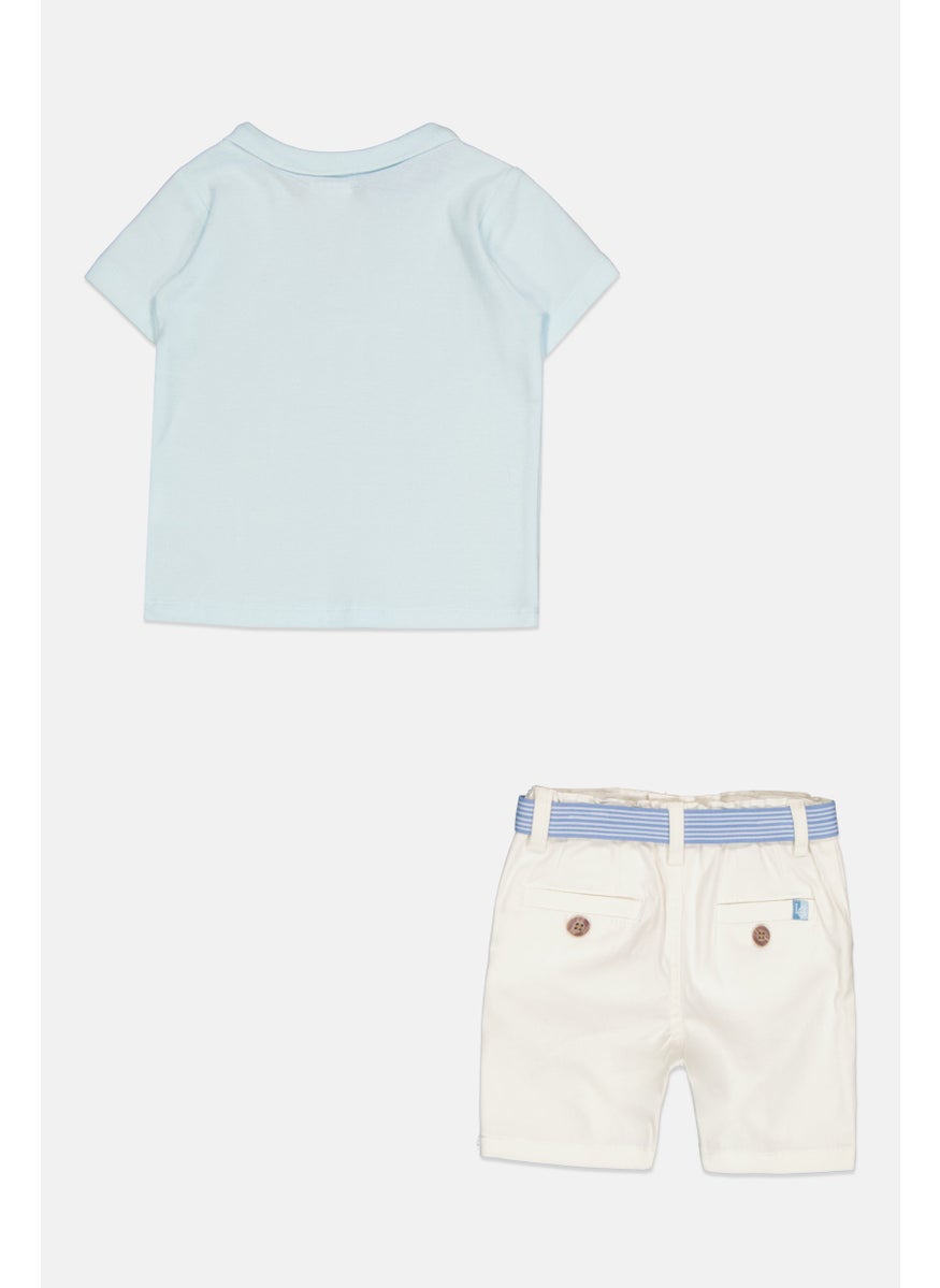 Toddlers Boy 2 Pcs Embroidered Logo Polo Shirt And Belted Shorts Set, White/Sky Blue