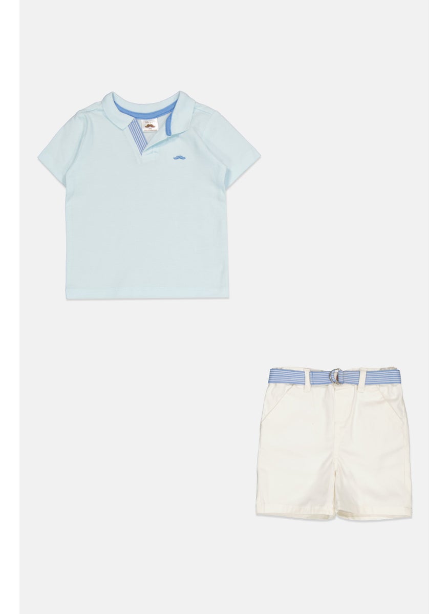 Toddlers Boy 2 Pcs Embroidered Logo Polo Shirt And Belted Shorts Set, White/Sky Blue