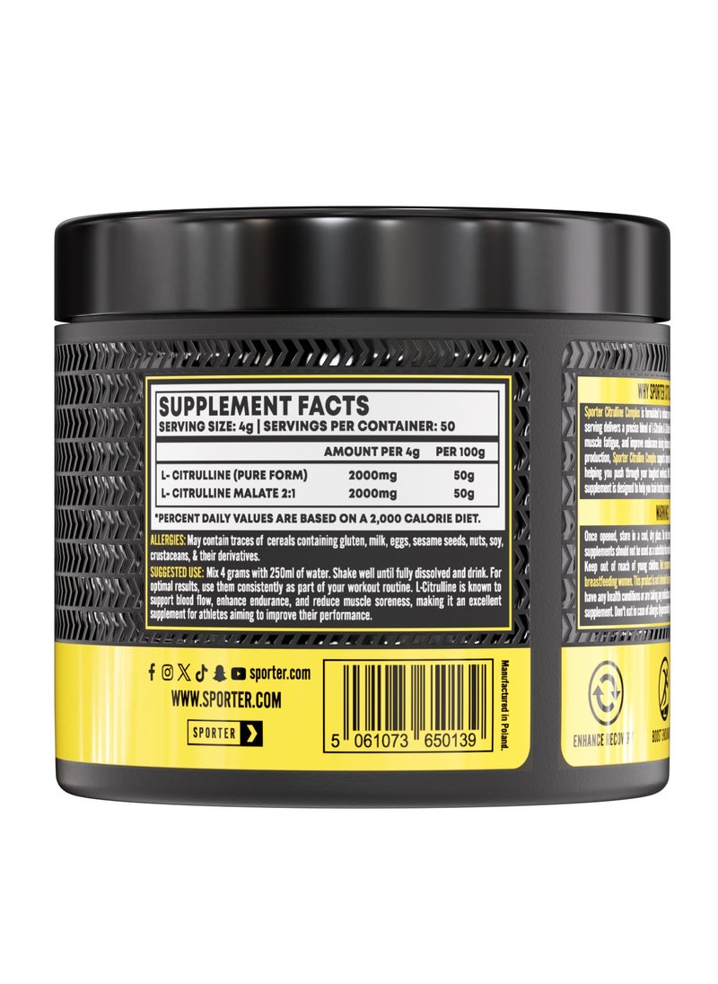 Sporter Citrulline Nitric Boost Complex – 200g | 4g Per Serving | Pure & Malate Blend | Unflavoured | Boosts Endurance & Recovery