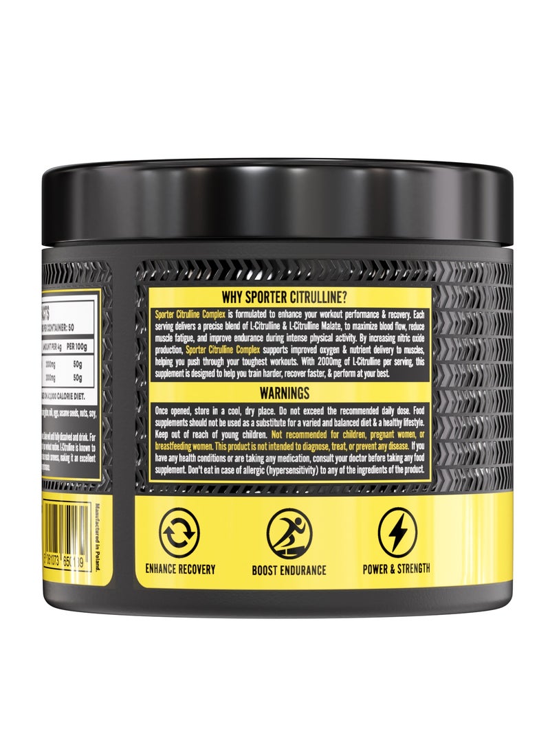 Sporter Citrulline Nitric Boost Complex – 200g | 4g Per Serving | Pure & Malate Blend | Unflavoured | Boosts Endurance & Recovery