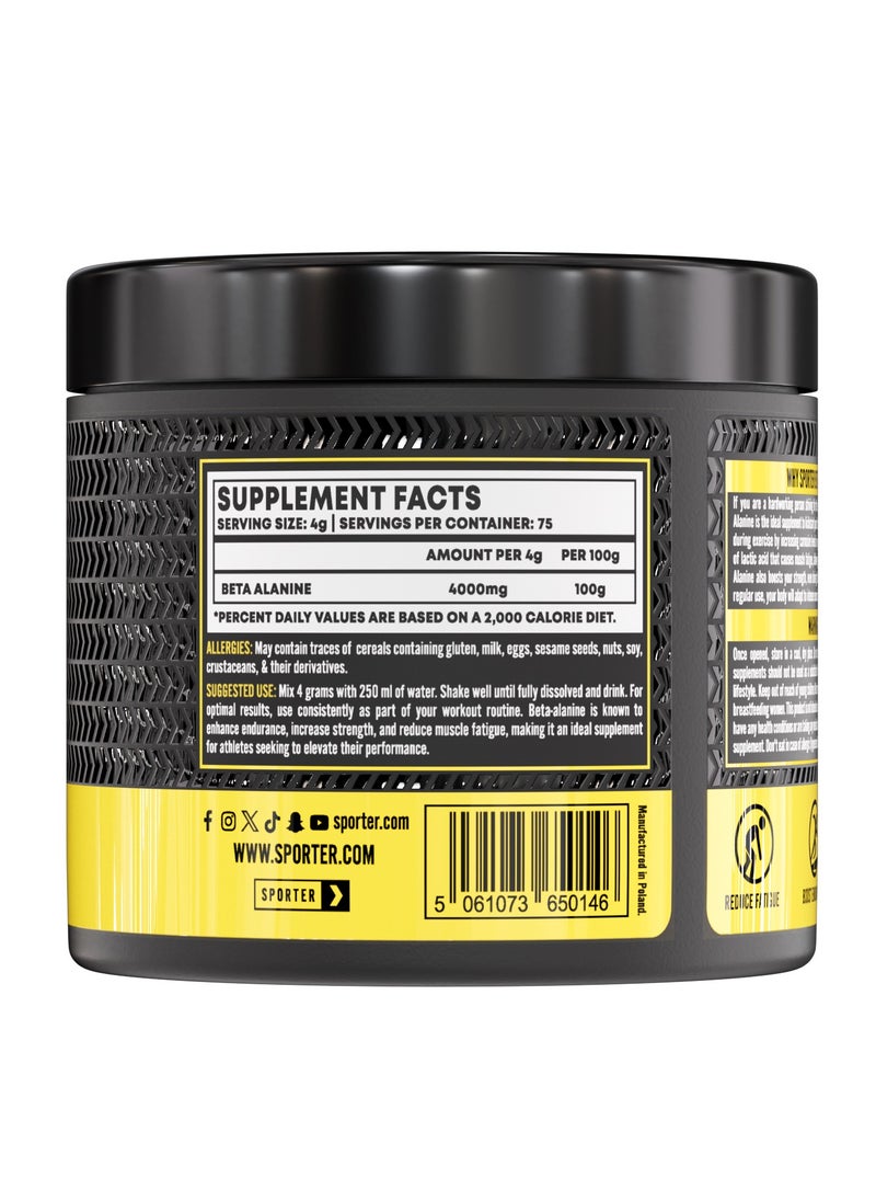 Sporter Beta Alanine – 300g | 4000mg Per Serving | Unflavoured | Boosts Endurance & Strength | Reduces Fatigue | 75 Servings