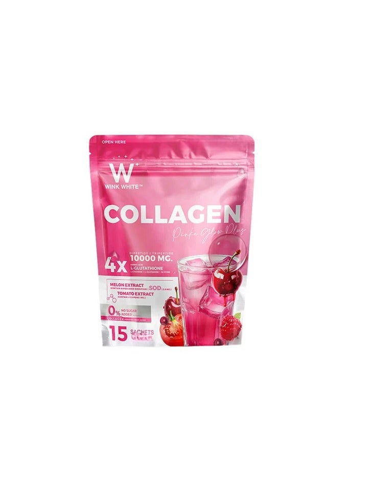 Wink White Collagen Pink Glow Plus – 10,000mg Collagen + Glutathione for Skin Whitening & Brightening – 15 Sachets with Melon & Tomato Extract