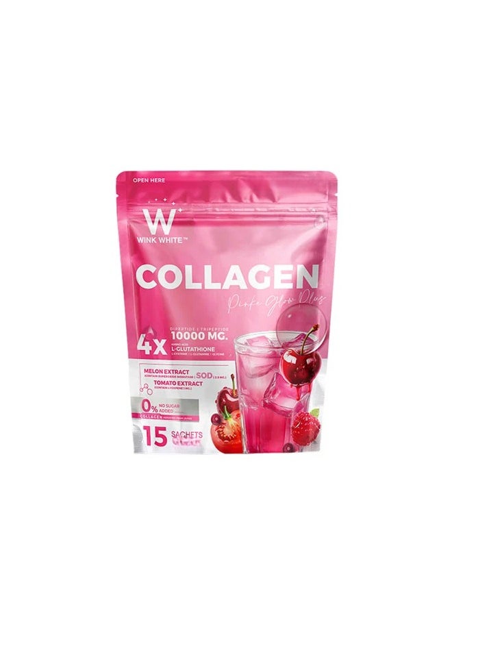 Wink White Pink Glow Collagen – L-Glutathione + 10,000mg Collagen Powder for Radiant Skin, Melon & Tomato Extract – 15 Sachets, No Sugar