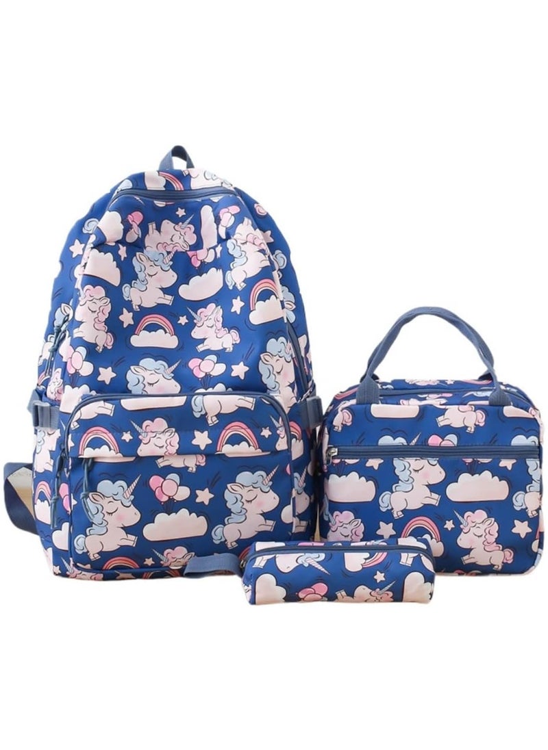 3 Pcs School Bags Set,Backpack for Girls School Backpack for Girls School Bag for Kids Bookbag Teen Girls Backpack with Lunch Box,Blue