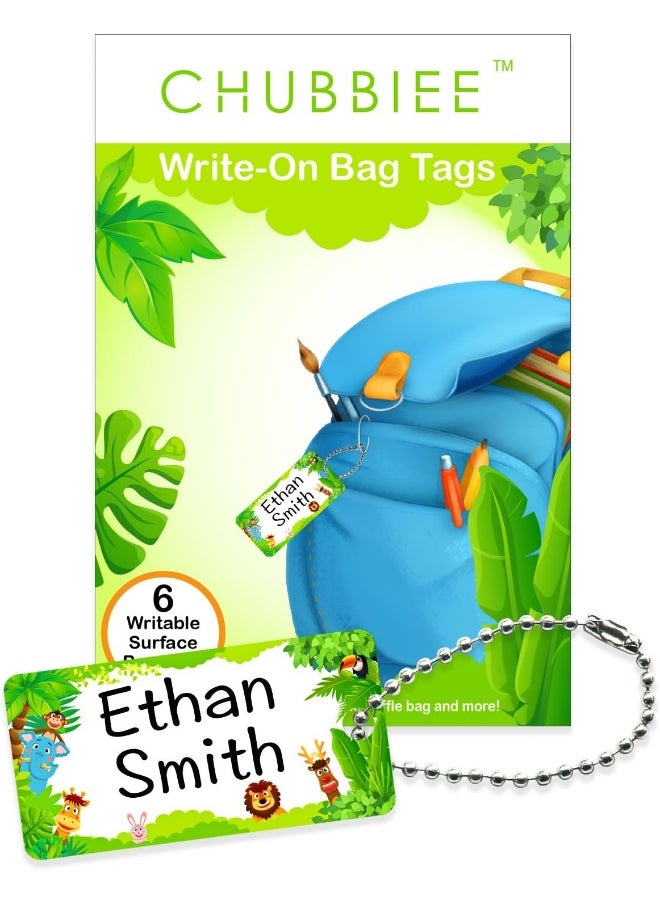 CHUBBIEE Child ID Bag Tags, Write-On Kids Name Tags for Backpack, Lunchbox & Diaper Bag, Great for Preschool & Daycare, Pack of 6 (Green Forest)
