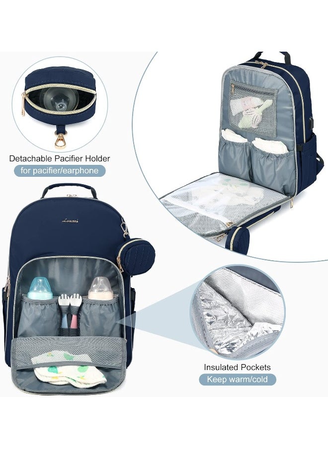 LOVEVOOK Diaper Bag Backpack, Quilted Baby Bag with Changing Pad & Pacifier Holder, Waterproof Travel Diaper Bags with USB Charging Port, Stylish and Large Capacity, Blue