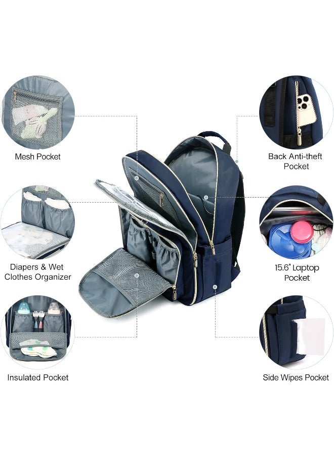 LOVEVOOK Diaper Bag Backpack, Quilted Baby Bag with Changing Pad & Pacifier Holder, Waterproof Travel Diaper Bags with USB Charging Port, Stylish and Large Capacity, Blue
