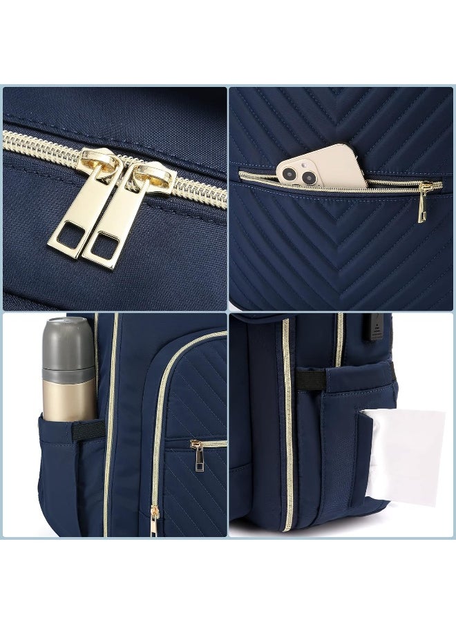LOVEVOOK Diaper Bag Backpack, Quilted Baby Bag with Changing Pad & Pacifier Holder, Waterproof Travel Diaper Bags with USB Charging Port, Stylish and Large Capacity, Blue