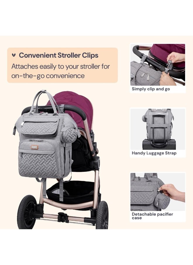 BabbleRoo Diaper Bag Backpack, Multifunction Large Bags with Changing Pad & Stroller Straps & Pacifier Case, Unisex Stylish Travel Back Pack Nappy Changing Bag for Moms Dads (gray)