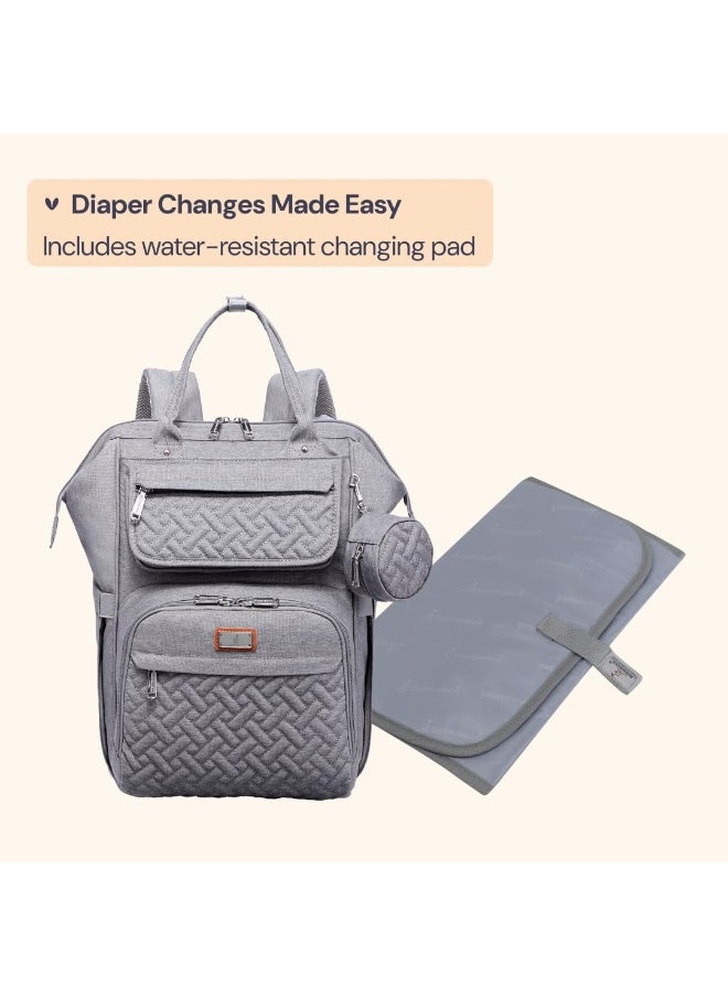 BabbleRoo Diaper Bag Backpack, Multifunction Large Bags with Changing Pad & Stroller Straps & Pacifier Case, Unisex Stylish Travel Back Pack Nappy Changing Bag for Moms Dads (gray)