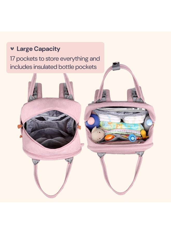 BabbleRoo Diaper Bag Backpack - Baby Essentials Travel Tote Multi function Waterproof Bag, with Changing Pad, Stroller Straps & Pacifier Case Unisex, Pink
