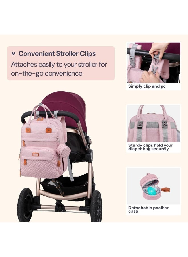 BabbleRoo Diaper Bag Backpack - Baby Essentials Travel Tote Multi function Waterproof Bag, with Changing Pad, Stroller Straps & Pacifier Case Unisex, Pink