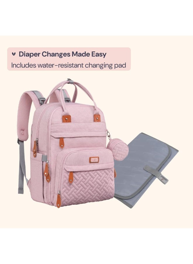 BabbleRoo Diaper Bag Backpack - Baby Essentials Travel Tote Multi function Waterproof Bag, with Changing Pad, Stroller Straps & Pacifier Case Unisex, Pink