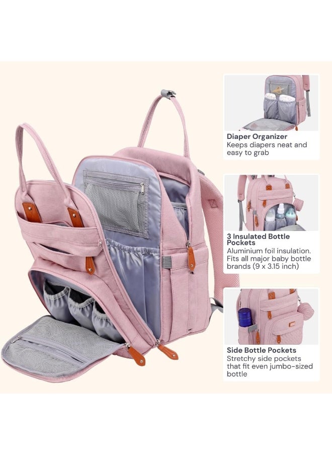 BabbleRoo Diaper Bag Backpack - Baby Essentials Travel Tote Multi function Waterproof Bag, with Changing Pad, Stroller Straps & Pacifier Case Unisex, Pink