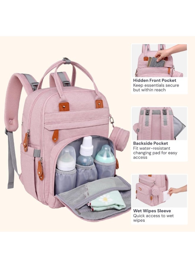 BabbleRoo Diaper Bag Backpack - Baby Essentials Travel Tote Multi function Waterproof Bag, with Changing Pad, Stroller Straps & Pacifier Case Unisex, Pink