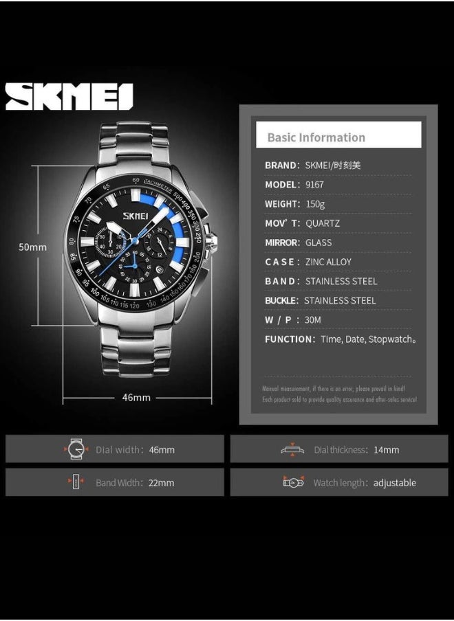 SKEMEI 9167 Japanese Movt Skmei 6 Hand Men Wrist Watch Stainless Steel Chronograph Date Water Resistant (Blue)