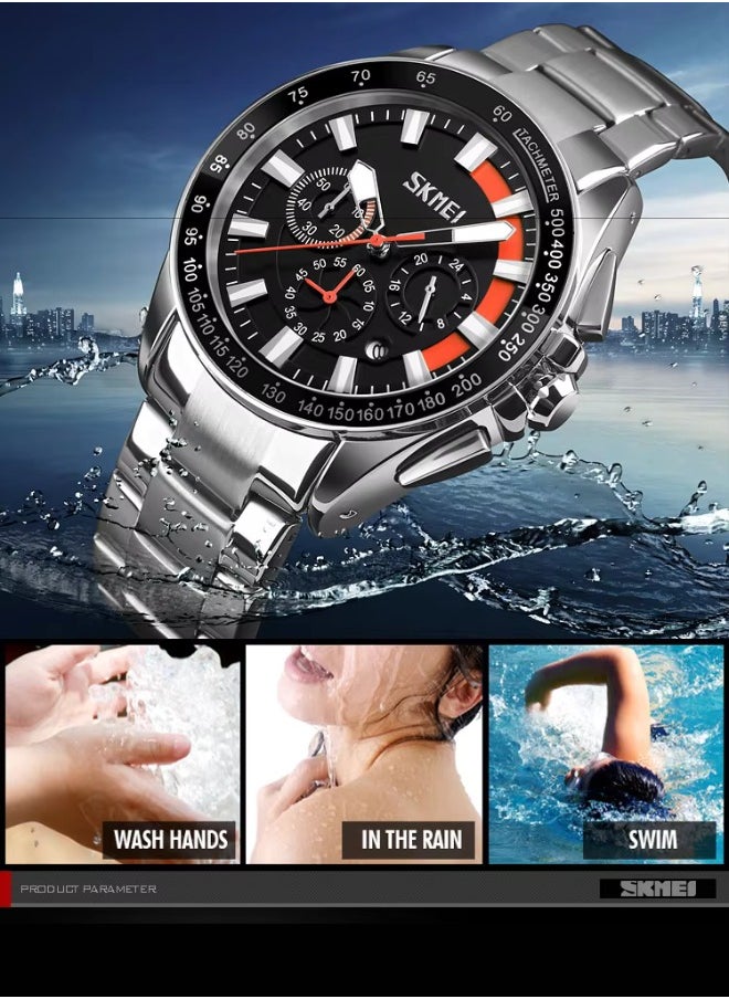 SKEMEI 9167 Japanese Movt Skmei 6 Hand Men Wrist Watch Stainless Steel Chronograph Date Water Resistant (Blue)
