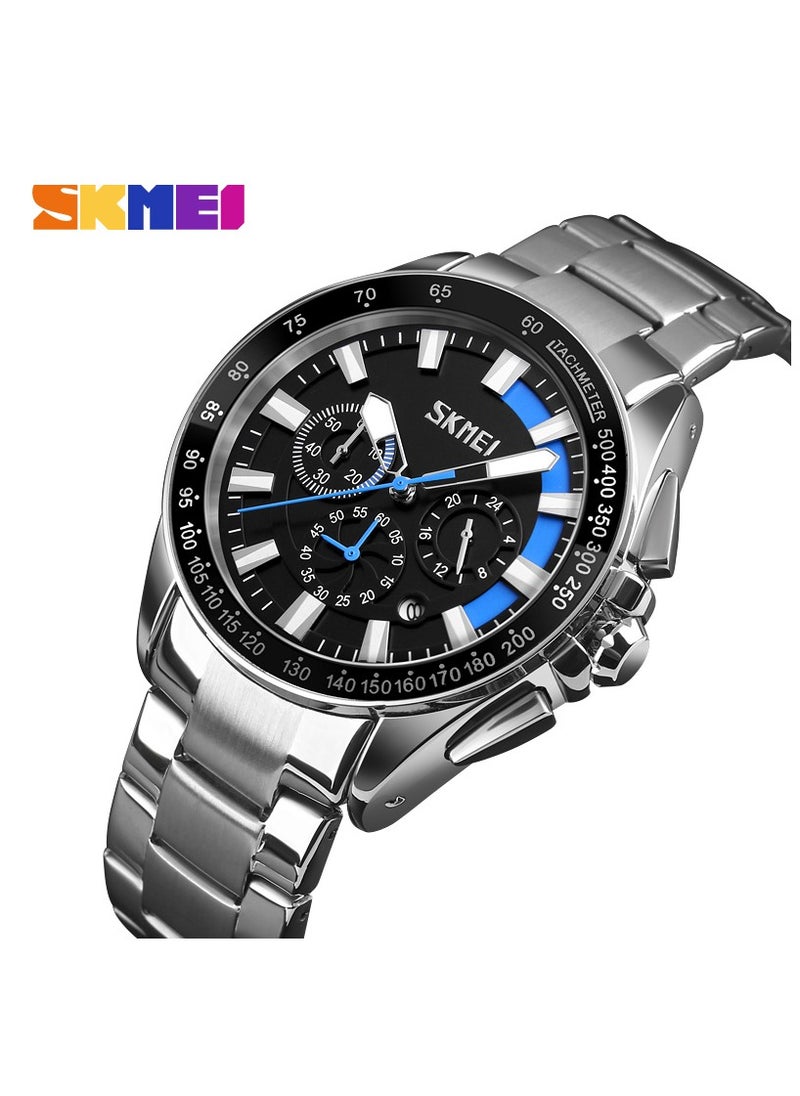 SKEMEI 9167 Japanese Movt Skmei 6 Hand Men Wrist Watch Stainless Steel Chronograph Date Water Resistant (Blue)