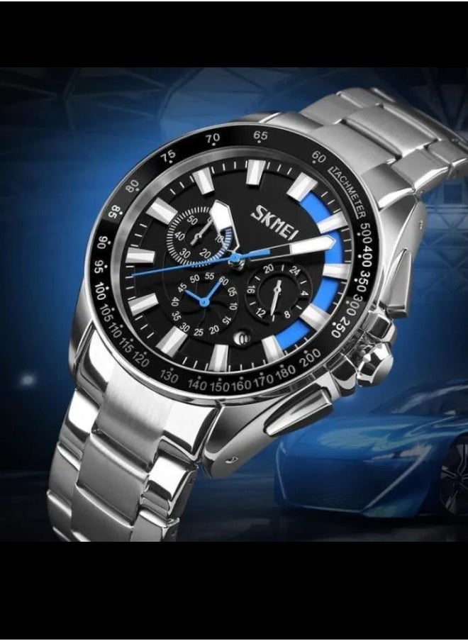 SKEMEI 9167 Japanese Movt Skmei 6 Hand Men Wrist Watch Stainless Steel Chronograph Date Water Resistant (Blue)