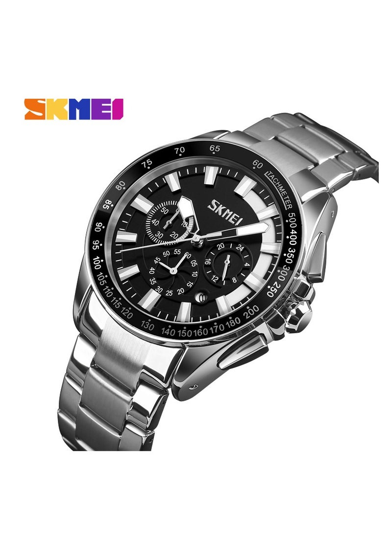 SKEMEI 9167 Japanese Movt Skmei 6 Hand Men Wrist Watch Stainless Steel Chronograph Date Water Resistant (White)