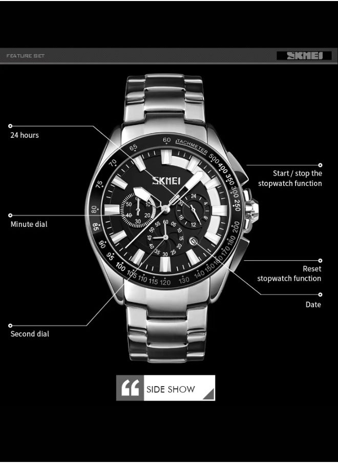 SKEMEI 9167 Japanese Movt Skmei 6 Hand Men Wrist Watch Stainless Steel Chronograph Date Water Resistant (White)