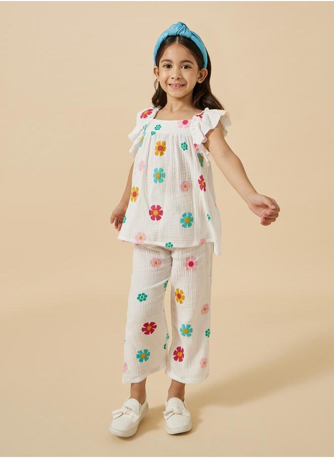 Floral Print Frill Sleeve Top and Pants Set