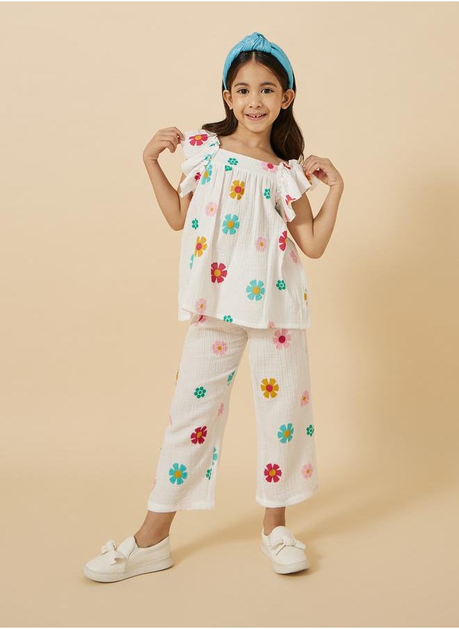 Floral Print Frill Sleeve Top and Pants Set