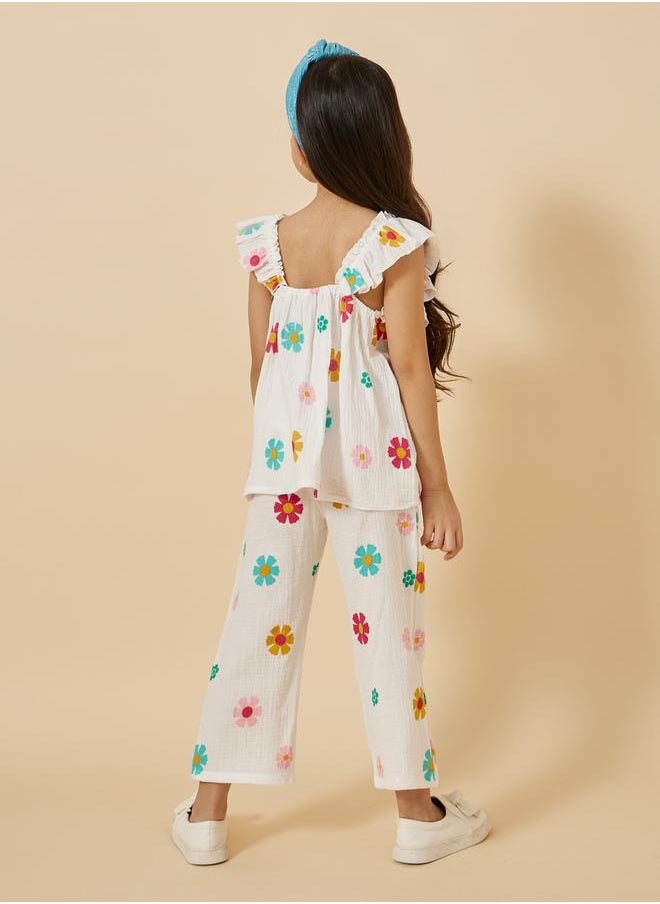 Floral Print Frill Sleeve Top and Pants Set