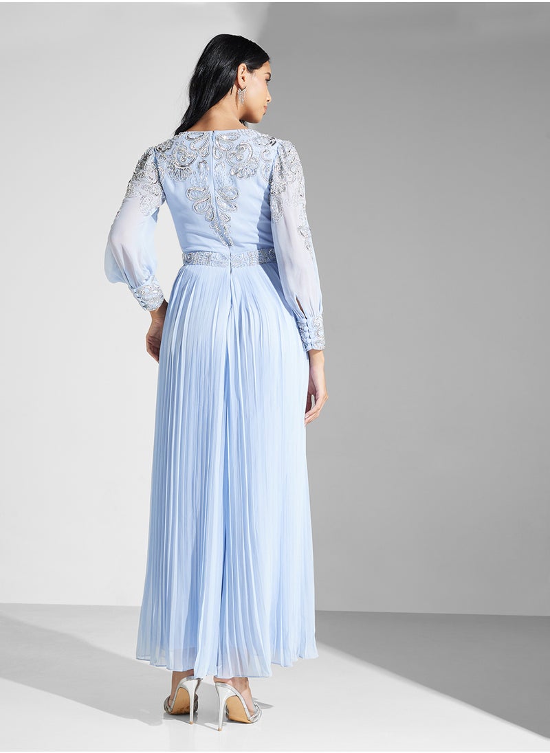Embellished Pleated Maxi Dress