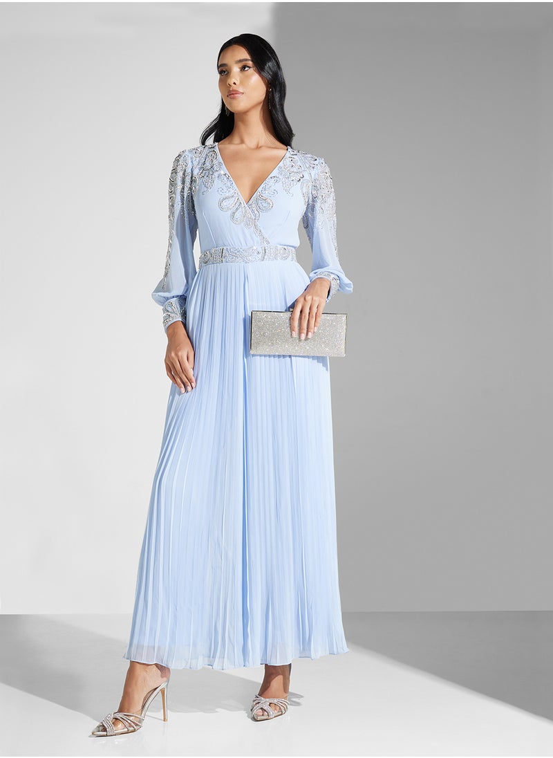 Embellished Pleated Maxi Dress