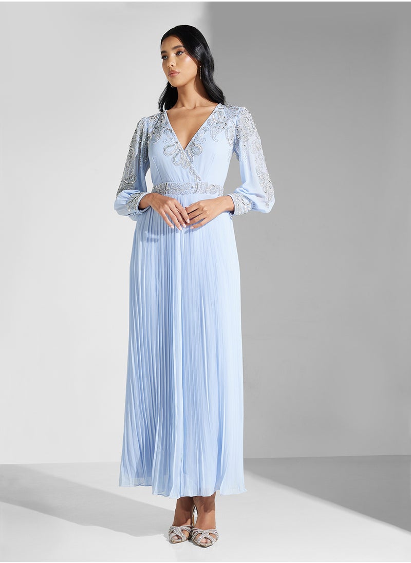 Embellished Pleated Maxi Dress