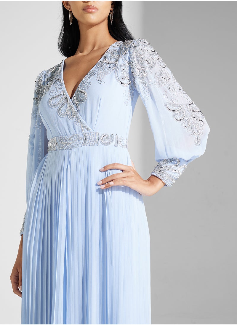 Embellished Pleated Maxi Dress