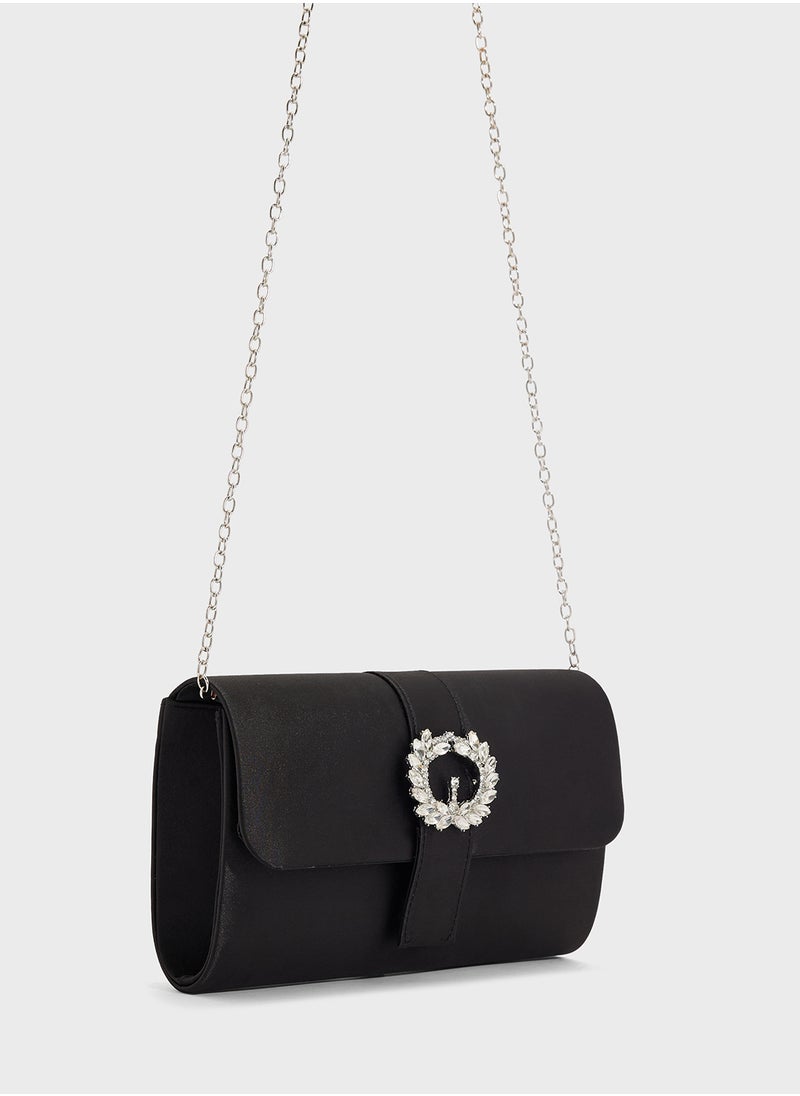 Embellished Trim Satin Clutch Bag