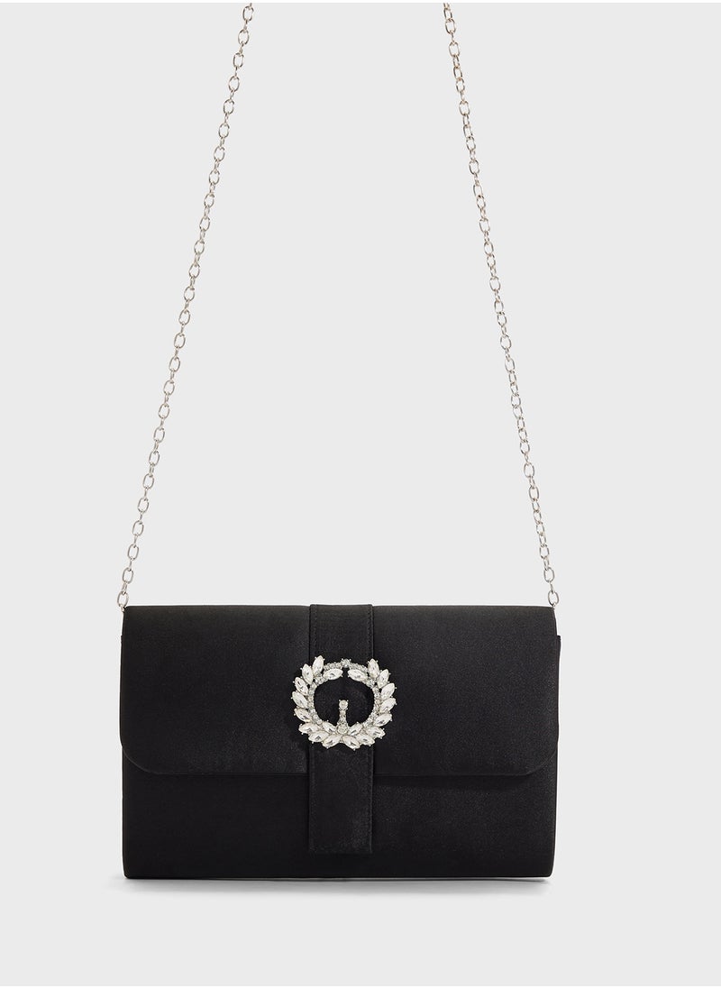 Embellished Trim Satin Clutch Bag