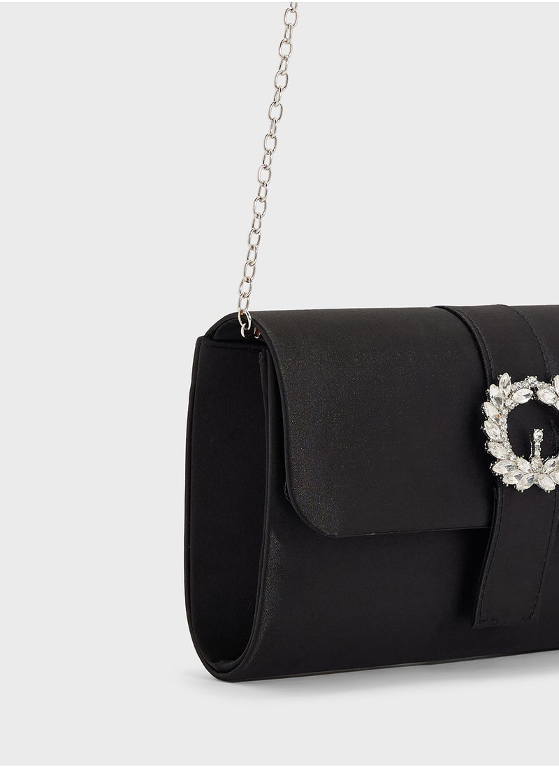Embellished Trim Satin Clutch Bag