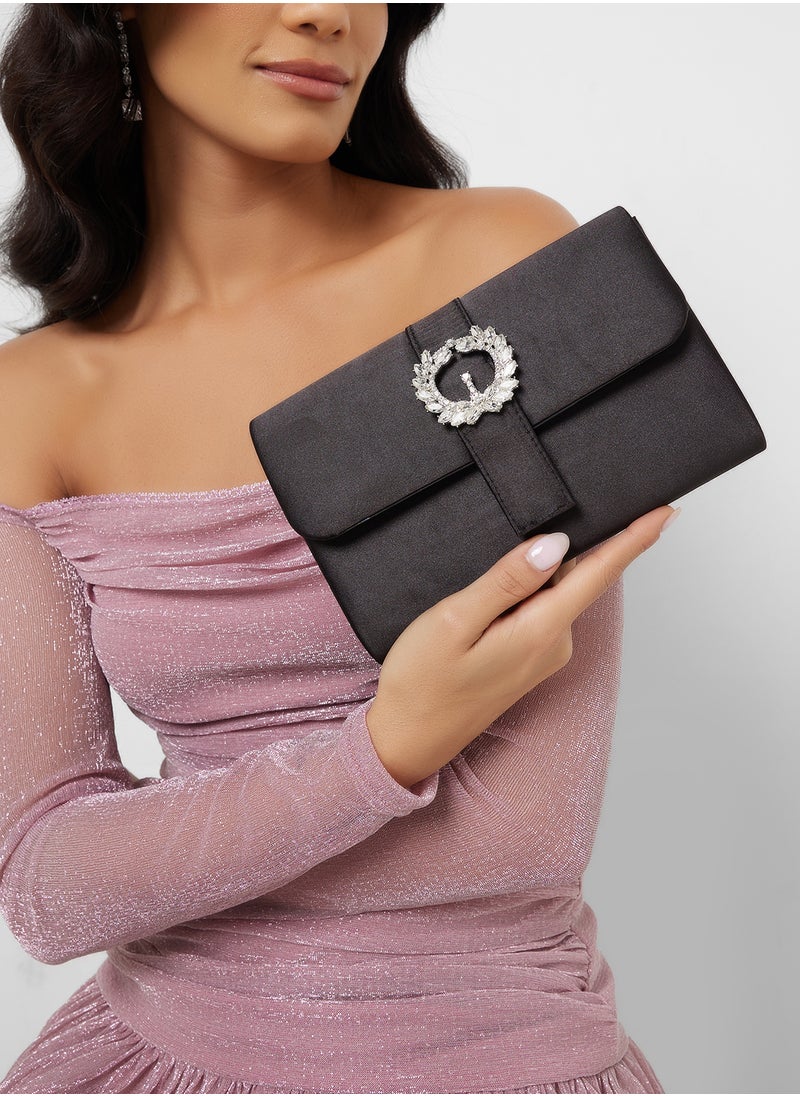 Embellished Trim Satin Clutch Bag