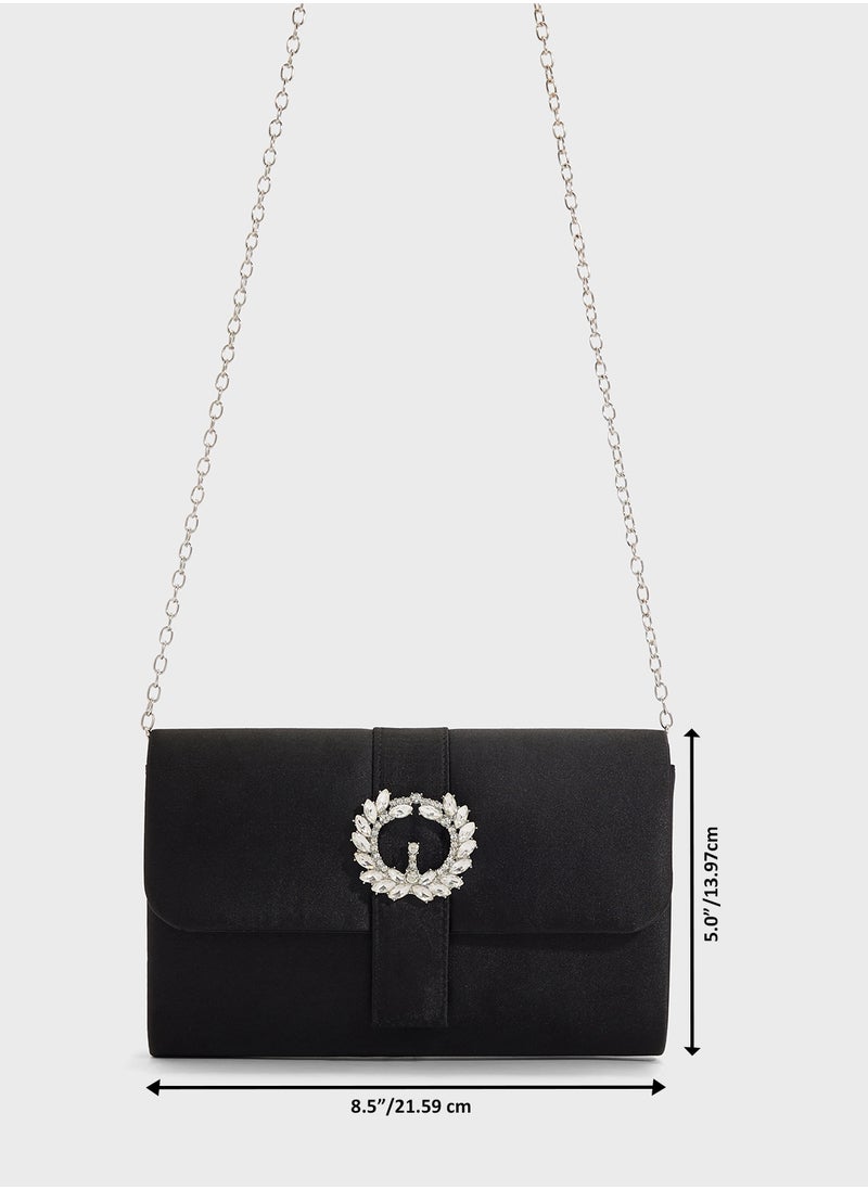 Embellished Trim Satin Clutch Bag