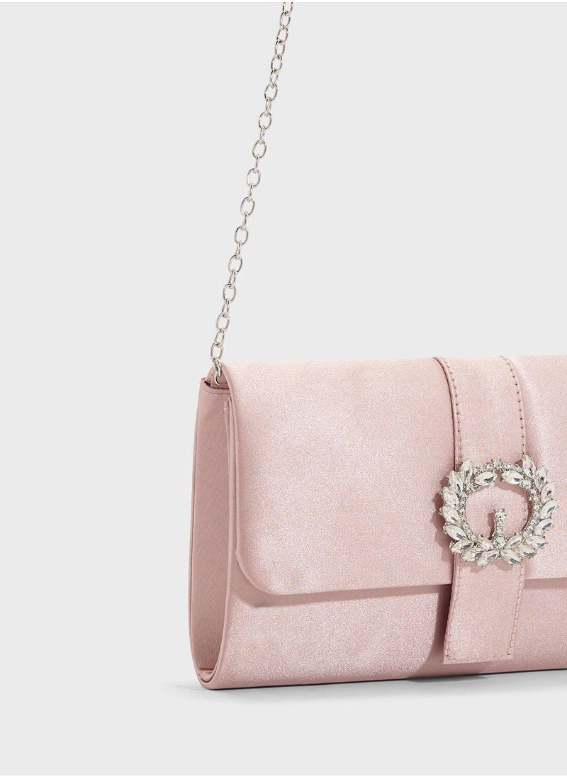 Embellished Trim Satin Clutch Bag