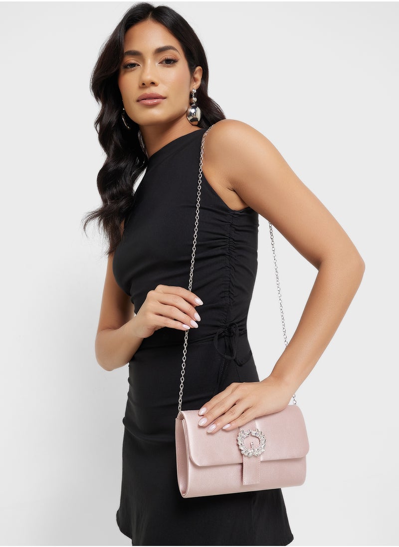 Embellished Trim Satin Clutch Bag