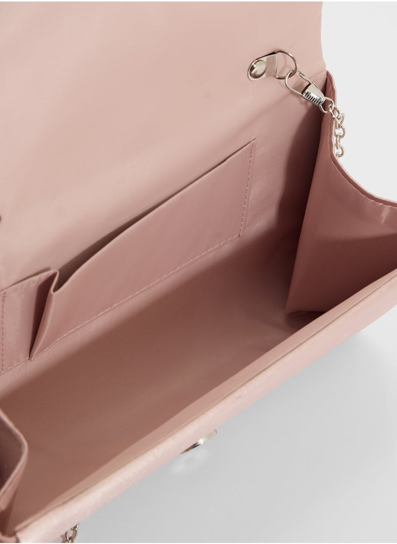 Embellished Trim Satin Clutch Bag