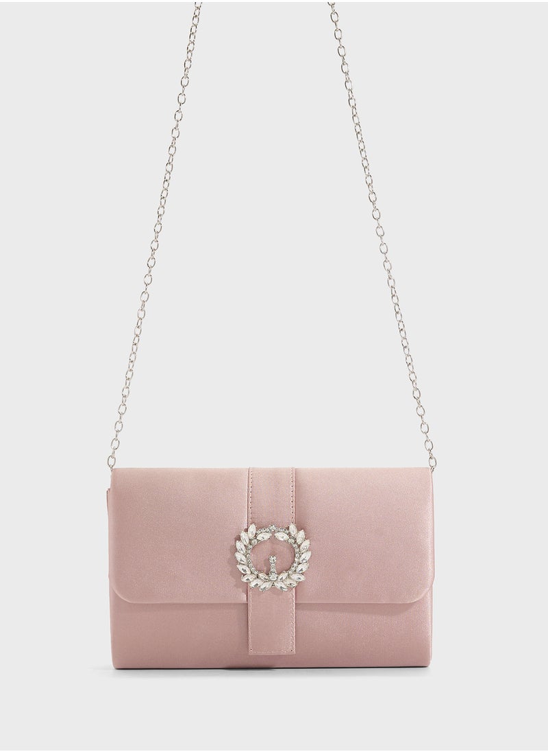 Embellished Trim Satin Clutch Bag