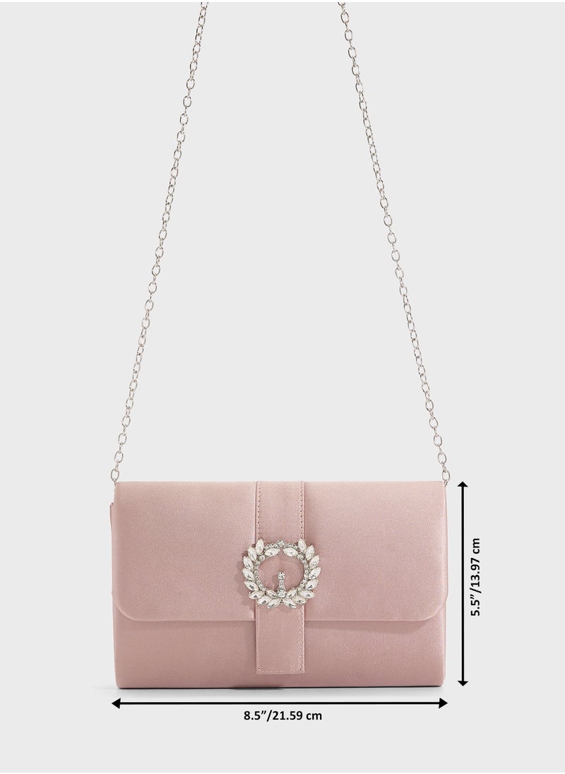 Embellished Trim Satin Clutch Bag