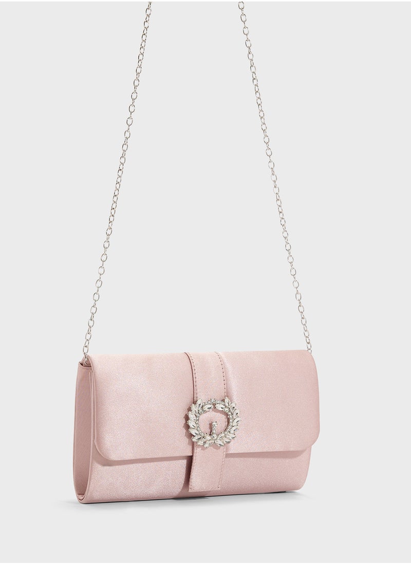 Embellished Trim Satin Clutch Bag