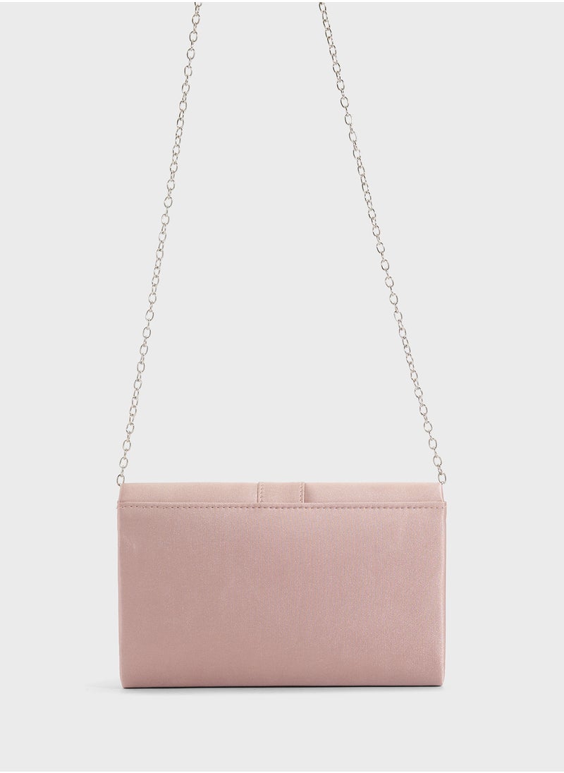 Embellished Trim Satin Clutch Bag