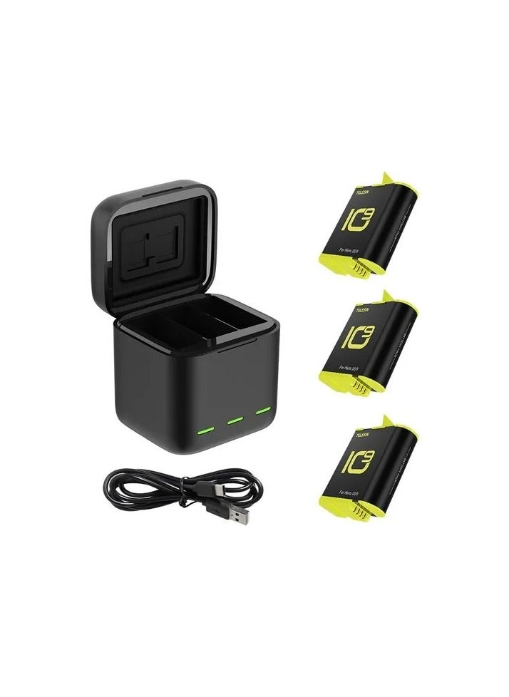 TELESIN 3 SLOTS LED STORAGE CHARGER BOX WITH EXTENDED BATTERY FOR GOPRO 9/10/11 WITH 3 BATTERIES GP-BNC-902B